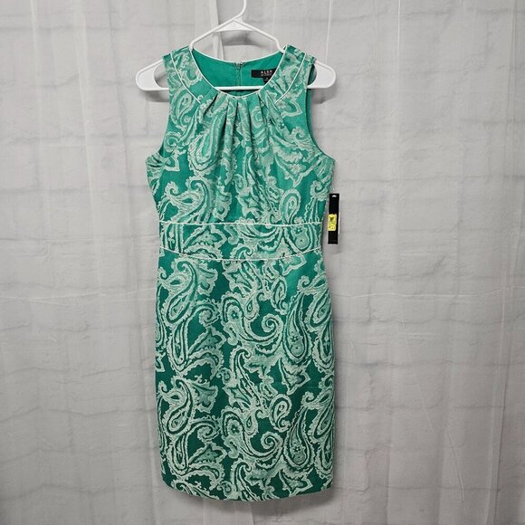 NWT Alex Marie Green Paisley Sleeveless Brocade Retro Knee Length Dress Size 6 - Picture 10 of 14